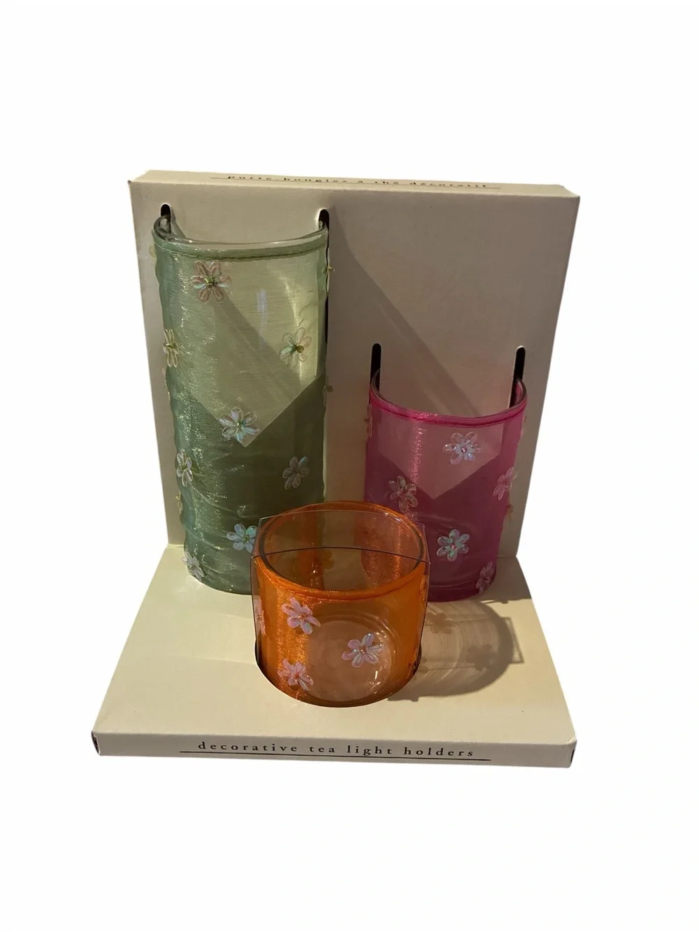 Pier 1 Decorative Floral Tea Light Holders - Green, Pink, Orange Set NIB